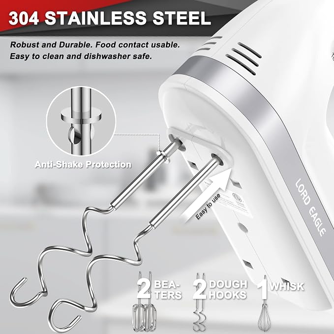 Lord Eagle Hand Mixer Electric Handheld 400W 5-Speed Lightweight | Kitchen Mixer with Storage Case, 5 Stainless Steel Attachments for Baking Cake Egg Cream Food Beater, Turbo+Eject Button
