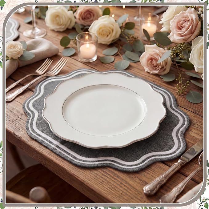 6 Pcs Gray Wedding Placemats Scalloped Embroidered Cotton Linen Placemats 17" x 13" Double Layered Machine Washable Table Place Mat for Party Table Decor (Cotton)