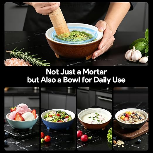 4Pcs Small Ceramic Mortar and Pestle Set with Silicone lids | 1.25 Cup Bowl, Lightweight with Grinding Ridge, High Efficiency Grind Spices, Fresh Guacamole, Spice, Herb, Color-Coded, Gift