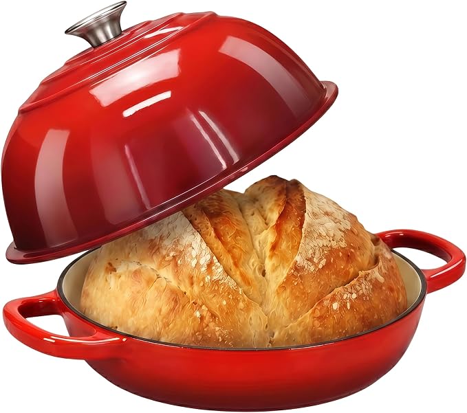 Cast Iron Dutch Oven with Lid, 6 Quart Enameled Bread Oven for Sourdough Baking, Round Heavy Duty Cast Iron Pot with Dome Lid, Red