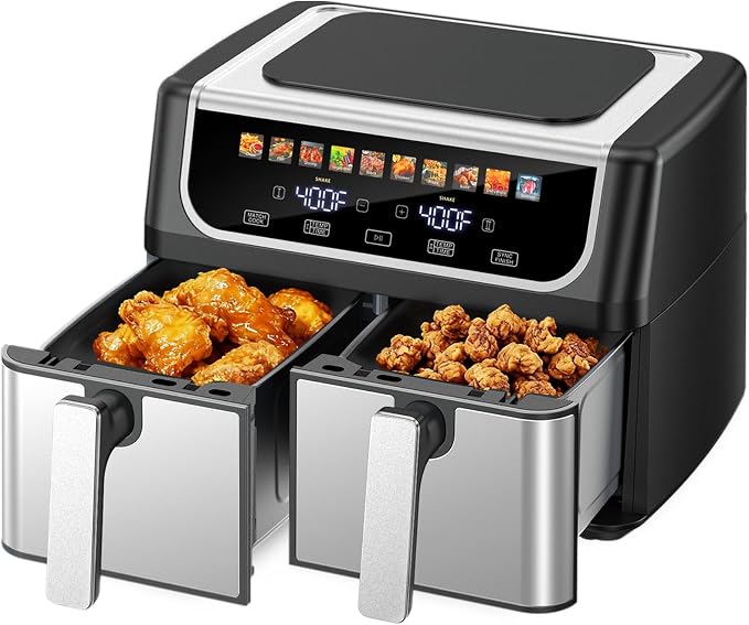 DUMOS 10-in-1 Air Fryer 9.5 QT, Large Airfryer with with 2 Independent Frying Baskets, Sync Finish & Match Cook, Shake Reminder, Wide Temperature 80-450°F, Roast Bake Defrost Dehydrate, Black