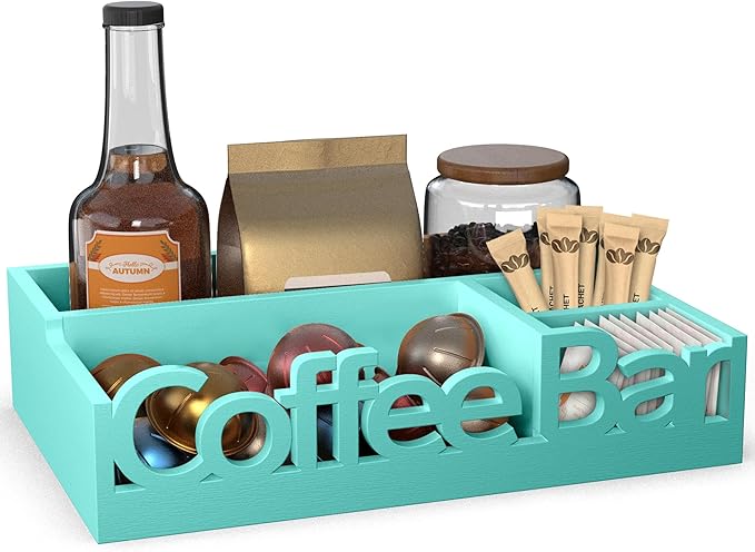 Coffee Bar Organizer Countertop, Wood Coffee Pod Holder & Condiment Caddy | Coffee Pods, Sugar Packets, Stir Sticks & Cups
