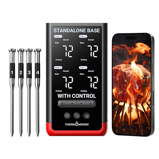 ThermoMaven WiFi Wireless Meat Thermometer, 4 Probes, Smart Base, 6 Sensors | Unlimted Monitor Range via APP, Commercial-Grade NIST Certified Accuracy, for Restaurant Kitchen, BBQ/Grill/Oven