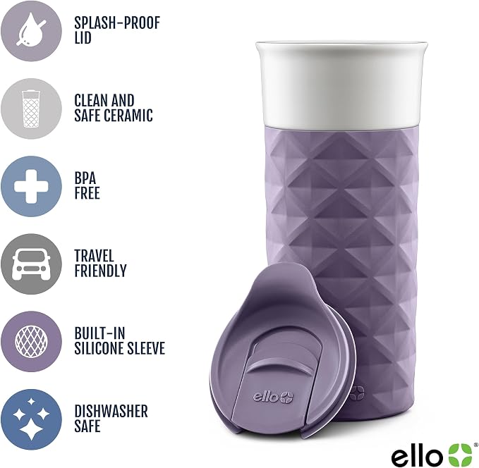 Ello Ogden 16oz Ceramic Travel Mug with Splash-Resistant Slider Lid and Protective Silicone Sleeve, Perfect for Coffee or Tea, BPA-Free, Dishwasher Safe | Splash-resistant ceramic travel mug with slider lid and protective silicone sleeve. BPA-free, gre...