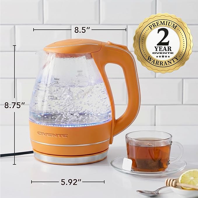 OVENTE 1.5L Glass Electric Kettle Water Boiler, Orange KG83O | 1100W Fast Boiling, Borosilicate Glass, BPA-Free, Blue LED, Auto Shut-Off, Boil-Dry Protection, Removable Filter, 360° Base