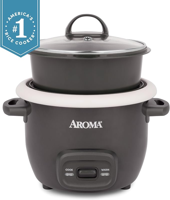 AROMA CoreCoat™ Mini Rice Cooker (3 Cups Cooked) with Nonstick Ceramic Pot Coating, Glass Lid, and Pop-Up Steamer Tray, 0.8 Quart