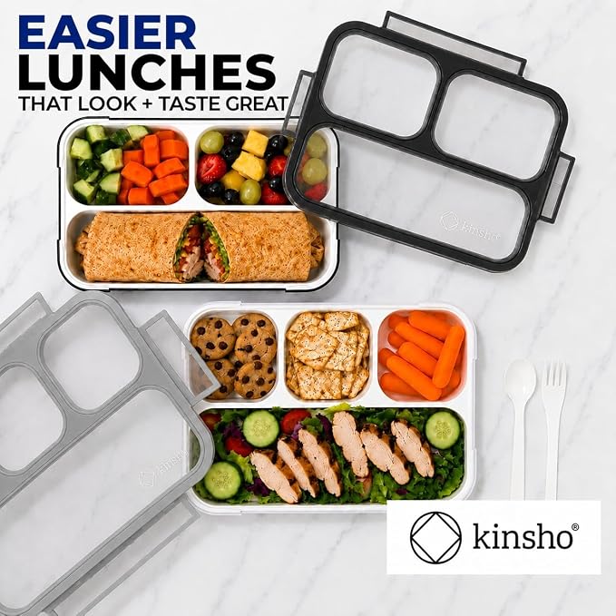 kinsho Bento Box Lunch Boxes for Kids Adults, Meal and Snack Containers School Work Travel, 4 Divided Portion Control Compartments, Japanese Style, BPA Free, Utentils Included (Grey + Black, 2 Pack)