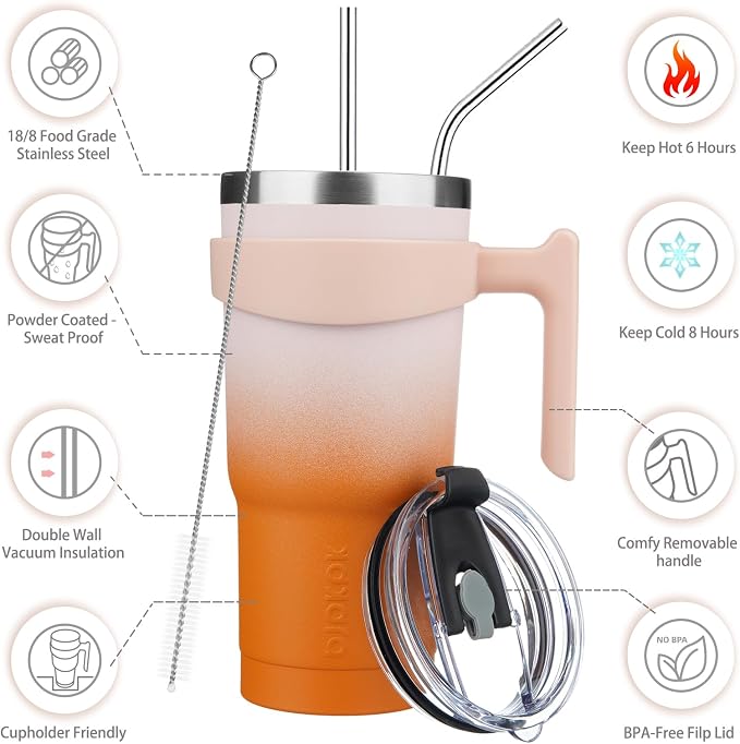 BJPKPK 20 oz Tumbler with Handle & Straw, Insulated Stainless Steel Mug | Double Wall Vacuum, Keeps Hot/Cold, Thermal Cup, BPA Free, Dishwasher Safe, Cupholder Fit, Coffee & Travel, Coral