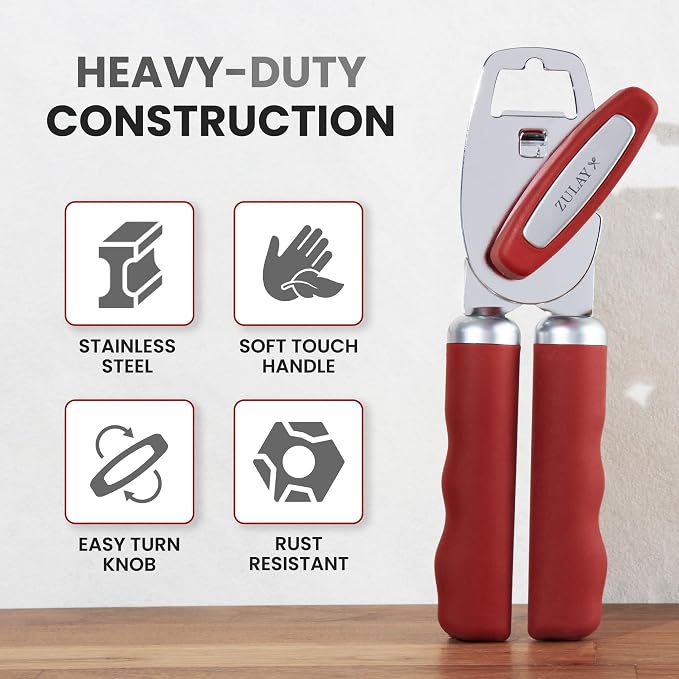 Zulay Kitchen Heavy Duty Stainless Steel Can Opener Manual with Bottle Opener - Rust Proof Manual Can Opener With Turn Knob & Comfy Soft Grip Handles - Red
