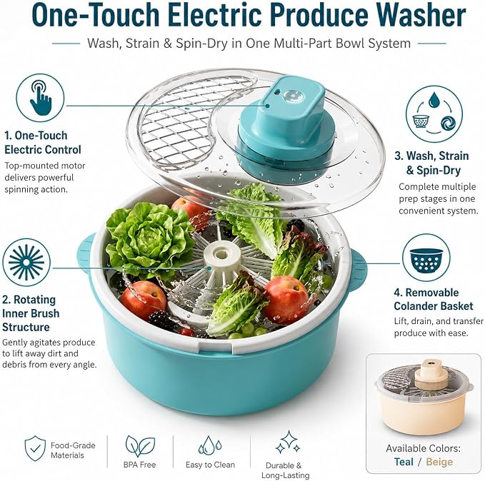 Electric Fruit and Vegetable Washer, Salad Spinner with Strainer Bowl (Blue) | One-Touch Electric Produce Washer | Wash, Strain & Spin-Dry Fruit, Vegetables and Salad in a Multi-Part Bowl System