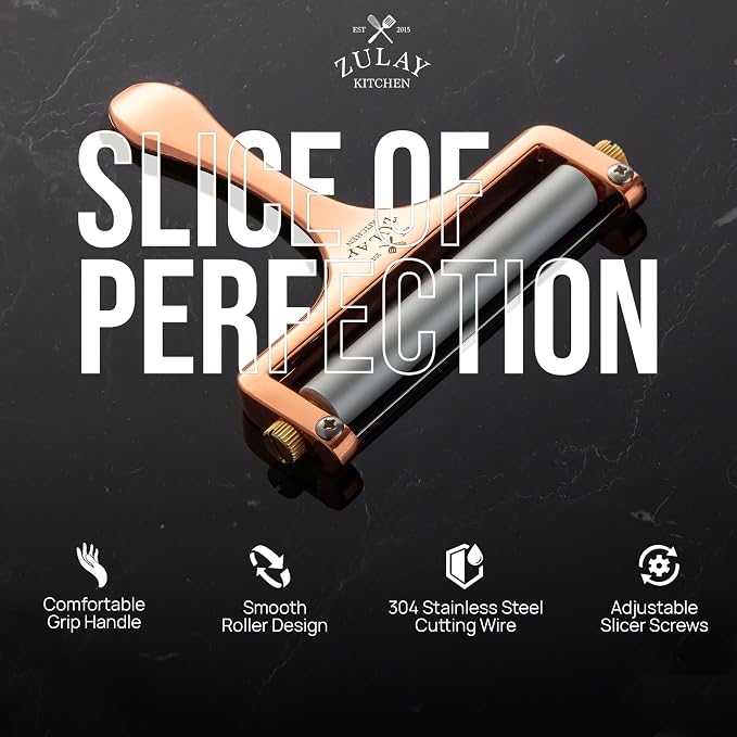 Zulay Adjustable Cheese Slicer - Wire Slicer for Mozzarella, Cheddar, Gouda - Heavy Duty With 2 Extra Wires (Rose Gold)