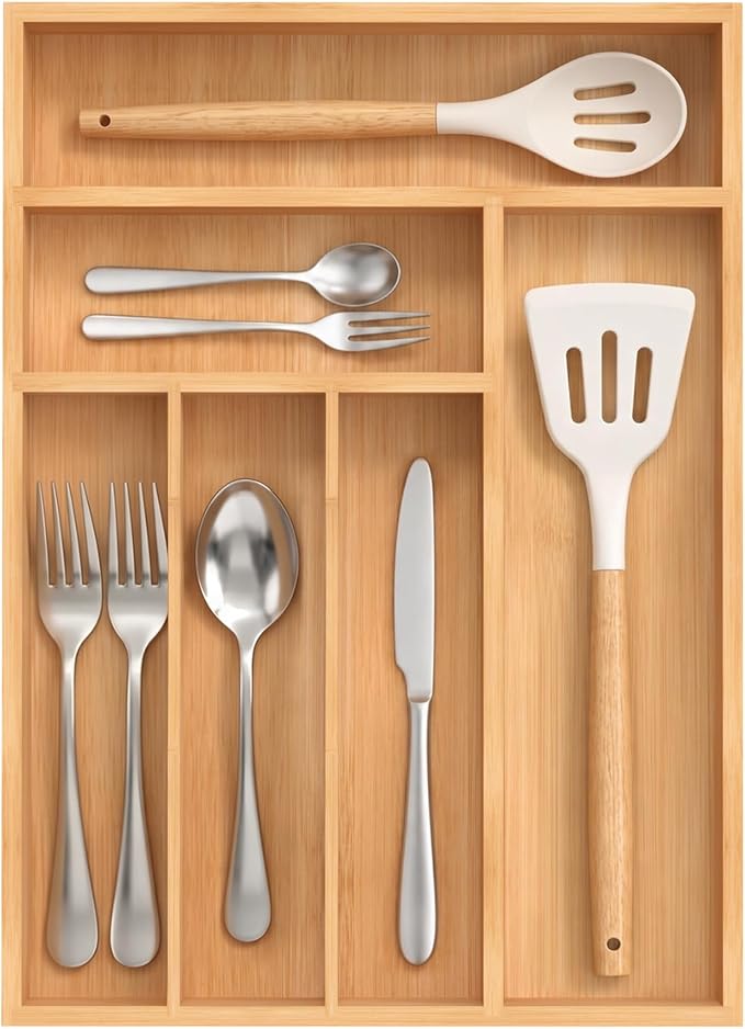 Bamboo Silverware Organizer, Kitchen Drawer Organizer, Utensil Holder, Cutlery Tray & Spoon Flatware Storage with Grooved Drawer Dividers (12''W x 16.5''D)