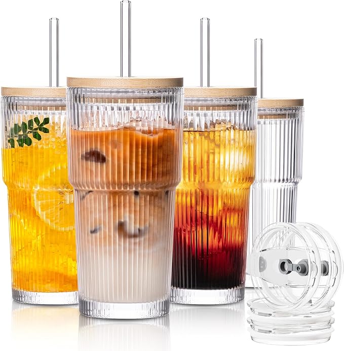 SoulTimes 20oz Ribbed Glass Tumbler with bamboo Lid and Straw – Iced Coffee Glasses Cups for Smoothie, Matcha, Juice, Water etc. Leakproof and Reusable Glassware Drinking for Travel To Go 【4 Pack】