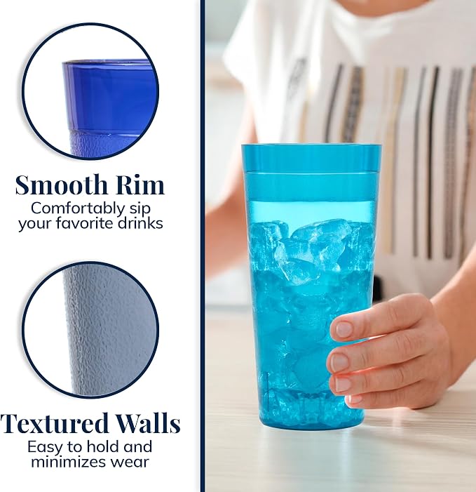 US Acrylic Cafe Plastic Reusable Tumblers (Set of 16) 20-ounce Water Cups Coastal Colors | Restaurant Style Drinking Glasses Value Set, Stackable, BPA-free, Made in the USA | Top-rack Dishwasher Safe