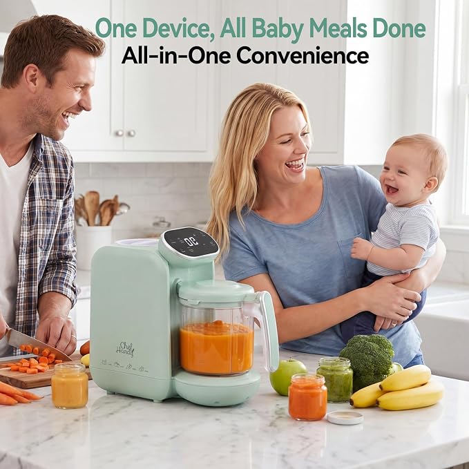 Chefhandy 5-in-1 Baby Food Maker with Stainless Steel Steam Basket, Green | One-step baby food processor with BPA-free food-contact parts, 6 reusable pouches, and recipe guide for homemade baby meals.