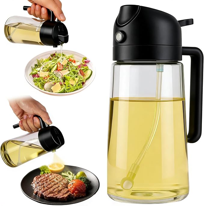 16oz/470ml Glass Olive Oil Sprayer & 2-in-1 Dispenser Bottle with Pour Spout for Cooking, Air Fryers, Salads, BBQs, and Kitchen Use(Black)