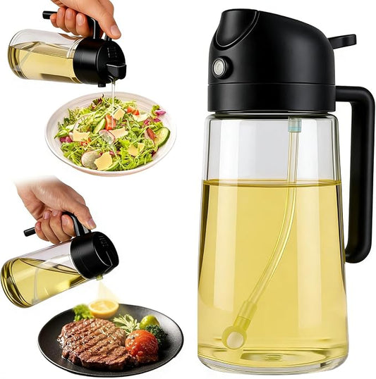 16oz/470ml Glass Olive Oil Sprayer & 2-in-1 Dispenser Bottle with Pour Spout for Cooking, Air Fryers, Salads, BBQs, and Kitchen Use(Black)