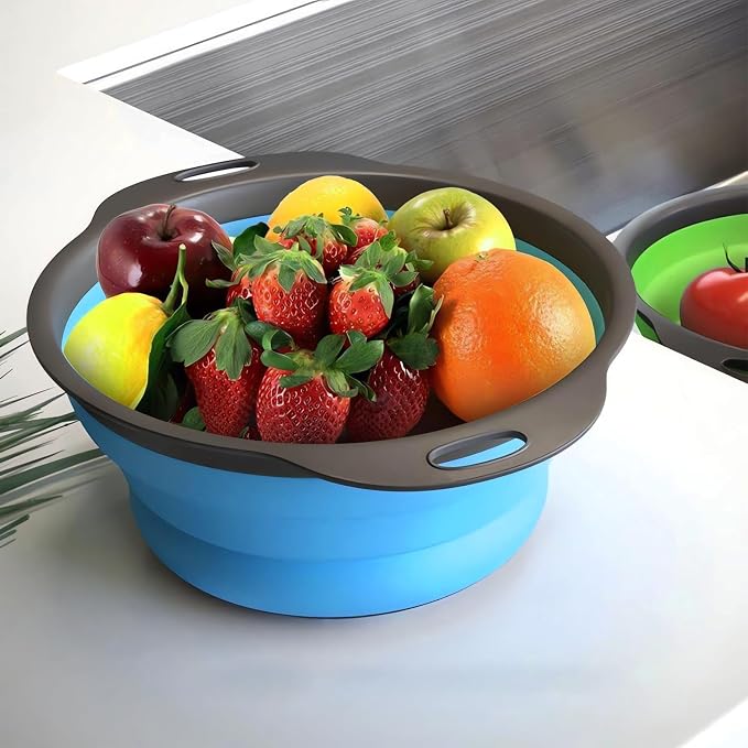 Collapsible Colander Set of 3, Space-Saving Foldable Strainer for Kitchen | 3 Sizes Food Strainer for Draining Pasta, Vegetable and Fruit, Kitchen Gadgets for Home Use and Outdoor Camping (Blue)