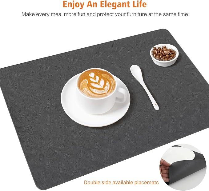 Gray Vinyl Placemats Set of 6 Waterproof Wipeable Table Mats | Heat Resistant Easy Clean Place Mats Faux Leather Table Mats Washable PVC Table Placemats for Dining Table