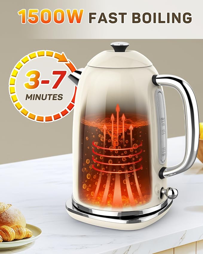 Harriet 61oz Electric Kettle with Thermometer, Retro Hot Water Boiler | 1500W Hot Water Kettle, Electric Tea Kettle for Boiling Water, LED Indicator, Auto Shut-Off & Boil Dry Protection