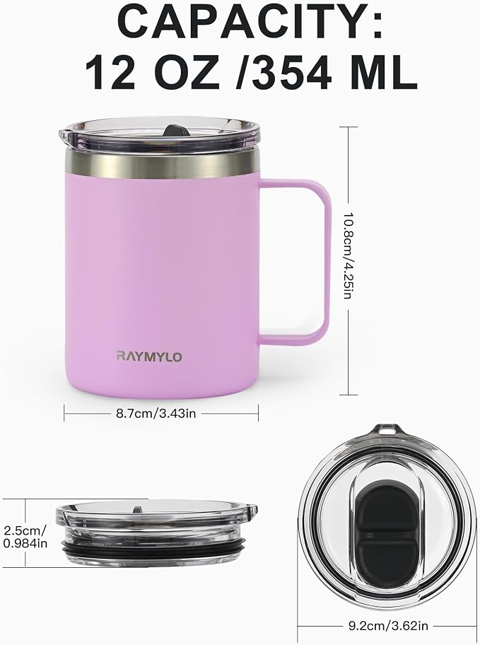 RAYMYLO Insulated Travel Coffee Mug with Handle, Coffee Tumbler Cup 12oz | Detachable Lid for Thoroughly Clean, Thermal Cup with Double-Wall Stainless Steel Vacuum Insulation, Spill Proof & BPA Free