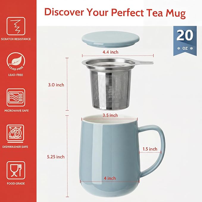 Sweese 20 OZ Porcelain Tea Mug with Infuser and Lid, Bluish Grey Tea Cup