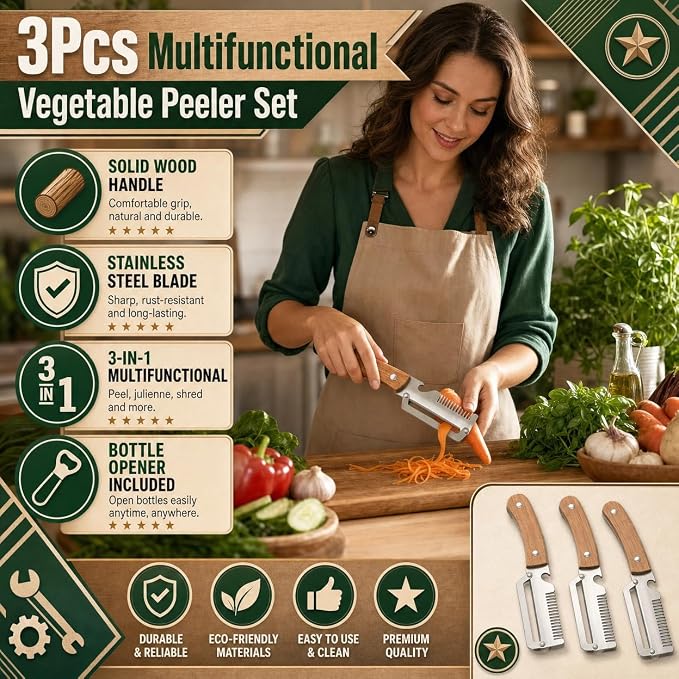 3Pcs Multifunctional vegetable peeler 2026 New 3 in 1 Stainless Steel Blade Wooden Handle Bottle Opener Kitchen Tool For Veggie Fruit