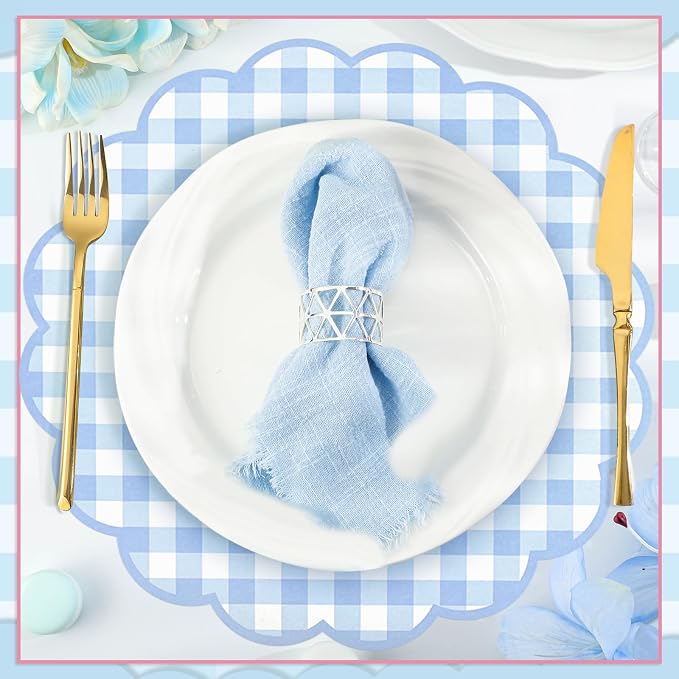 60 Pcs Blue Gingham Paper Placemats, Scalloped Blue Checkered Place Mat | 13.5 Inch Disposable Table Placemats Decorative Paper for Table Setting Baby Shower Wedding Bridal Banquet Tea Party