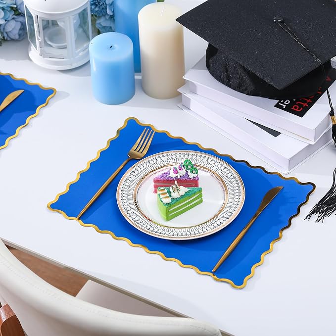 FoldTier 150 Pcs Disposable Paper Placemats Bulk 10"x14" Rectangle Place Mats with Scalloped Edges Dining Table Mat for Wedding Birthday Party Table Decoration(Blue)