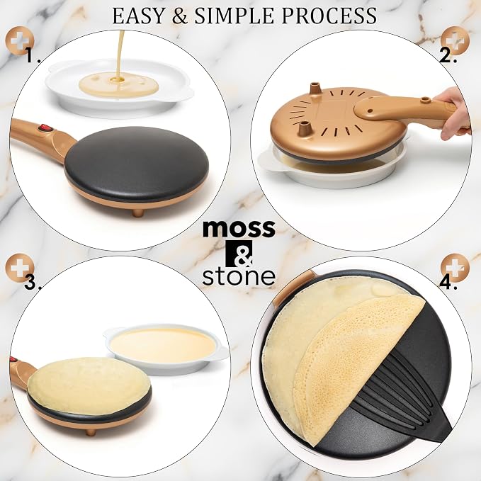 Moss & Stone Gold Electric Crepe Maker, 8" Portable Nonstick Crepe Pan | Nonstick dipping plate, auto shut-off, on/off switch, even heating, automatic temperature control, compact design