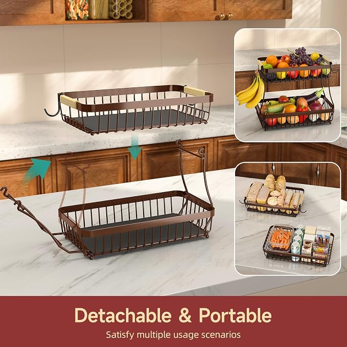 2-Tier Fruit Basket with Banana Hangers, Detachable Metal Bowl