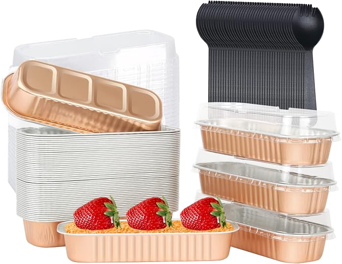 LNYZQUS Mini Loaf Cake Pans with Lids 50 Pack, 6.8oz Foil Baking Tins | Rectangle, Disposable Aluminum Dessert Cups, Individual Take-out Containers for Take Home Treats, Champagne