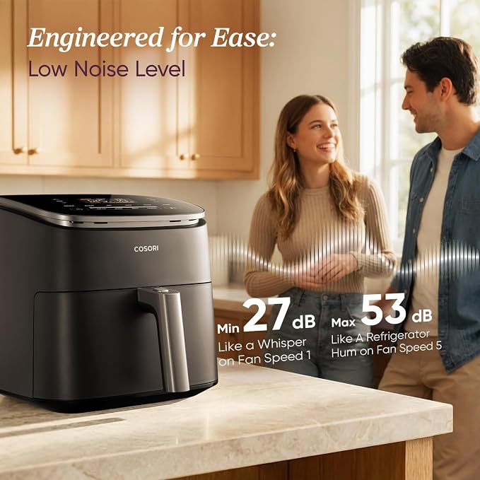 Cosori TurboBlaze Air Fryer, 9-in-1, 6 Qt, PFAS-Free Ceramic Coating | 90°–450°F, 5 Level Fan Speeds, 9 in 1 Air Fry, Roast, Bake, Broil, Dry, Frozen, Proof, Reheat, Keep Warm, Safety lock, 1725W