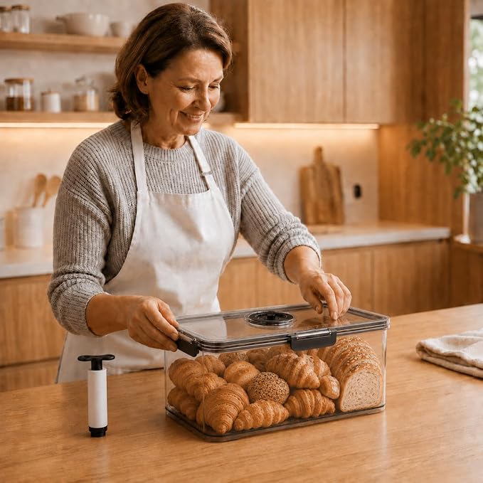 Airtight Bread Box, Sourdough Storage Container, Large 7.5L | Clear BPA-free plastic, manual air pump, date dial, silicone seal and drain tray; for sourdough, large loaves and baked goods