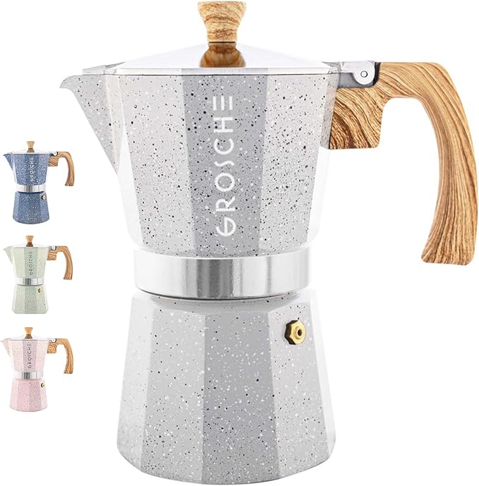 GROSCHE Milano Moka pot, Stovetop Espresso maker, Greca Coffee Maker, Stovetop coffee maker and espresso maker percolator (Grey, 9 cup) | Cuban Coffee Maker And Italian Moka Pot For Stovetop Espresso; For Gas, Electric, And Propane Stoves With A Soft-T...
