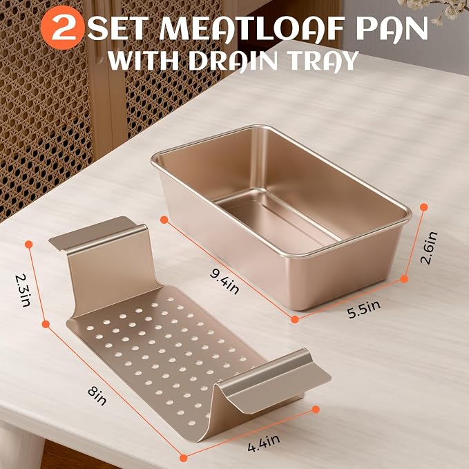 TLAZZ 2 Pack Meatloaf Pan with Drain Tray for Pound Cake Bacon Meatloaf | 9.4 x 5.5 Inch Non Stick Meat Loaf Pan features wide handles with a removable perforated drain tray for any kitchen