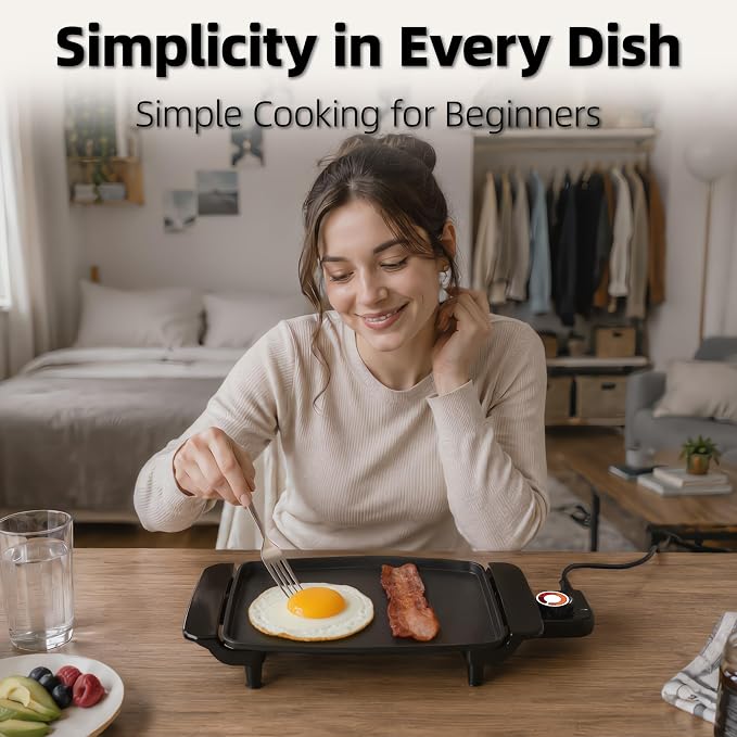 Small Electric Griddle, 10 Inch Mini Ceramic Non-Stick Electric Skillet with Adjustable Thermostat, 1200W Single Serve Grill for Breakfast, Cooking for Pancakes, Eggs, Sausage