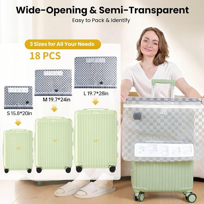Travel Essentials set, Vacuum Bags for Travel with Digital Display air Pump,18 PCS Combo Size for Luggage and Suitcase,Space Saver for Clothes（20"x6PCS+24"x6PCS+28"x6PCS)