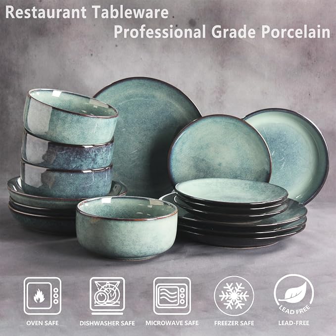 Ceramic Dinnerware (16 pcs) Serve 4 people, Plates and Bowls Sets, Reactive Glaze Dishes Set, Chip Resistant and Scratch Resistant, Dishwasher Microwave Safe, Suitable for dinner, parties