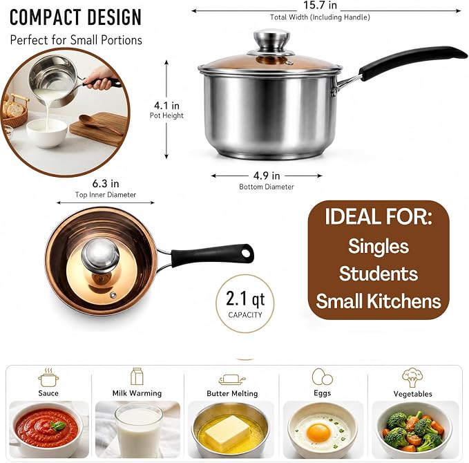 ZENFUN 2 Quart Saucepan, Stainless Steel Sauce Pan with Visible Glass Lid&Stay Cool Handle, Small Sauce Pot for Kitchen, Saucier Pan, Induction Pot for Cooking, Dishwasher Safe(PFOA PTFE PFAS Free)