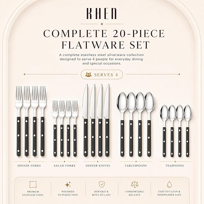 Cutlery 20-Piece Flatware Set, Stainless Steel Silverware - Black | 18/8 Stainless Steel | Dishwasher Safe | Ergonomic Handles | Lightweight Design | Service for 4 | Built for Daily Use