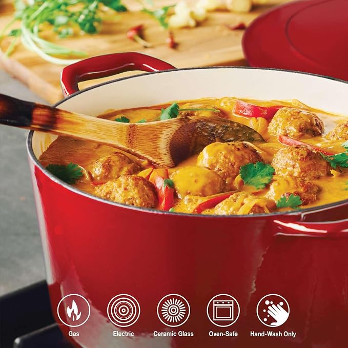 Tramontina Bestow Enameled Cast Iron 6.5-Qt Round Dutch Oven Pot with Lid | Great for Braising, Roasting and Bread Baking - Red