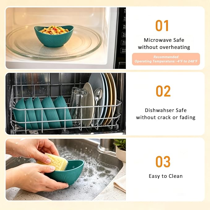10oz Wheat Straw Bowls Set of 6, Unbreakable Plastic Bowls Reusable for Cereal, Snack, Dessert, Side Dish, Small Prep Bowls, Microwave Safe Bowls for Kitchen, Party, Camping - Green