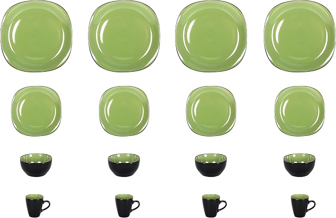 Stoneware Square 16pc Dinnerware Set, Inside Siny Green and Outside Matte Black