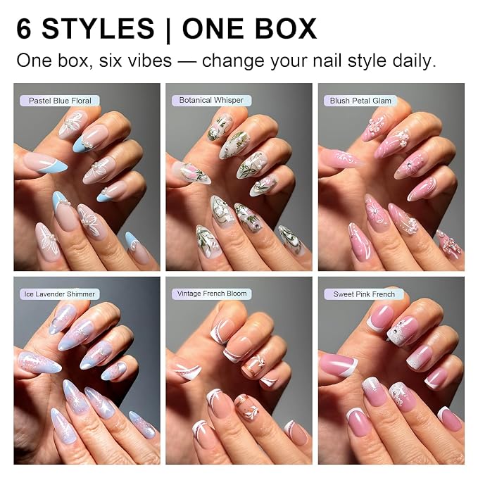 Press on Nails, 6 Packs (144 Pcs) Medium Almond Sets, Wedding French | 6-Style 12 Sizes, Glossy, Salon Quality, Reusable Full Cover, Pink Green Flower & Extra Short French Fake Nails