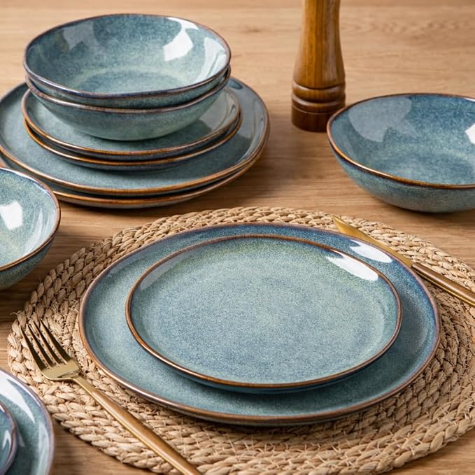AmorArc Ceramic Dinnerware Sets for 4, 12Pcs Plates and Bowls Sets Dishes | Stoneware Handmade Reactive Glaze Dinner Set, Highly Scratch Resistant | Dishwasher & Microwave Safe Dishware
