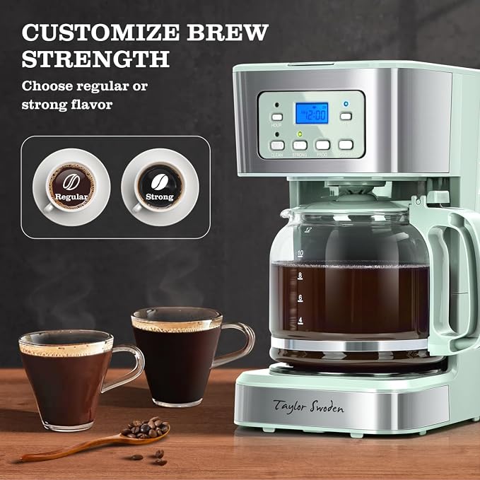 Taylor Swoden 12-Cup Programmable Coffee Maker, Green & Stainless Steel | Regular & Strong Brew Drip Coffee Machine for Home and Office, 24H Timer, Glass Carafe, Pause & Serve, Auto Shut Off