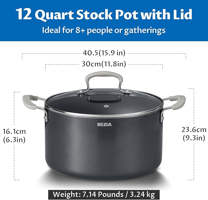 BEZIA 12QT Non Stick Stock Pot with Lid, Ceramic Big Cooking Pot for Soup | Stay-Cool Silicone Handles, Oven Safe & Easy Cleanup, for All Stovetops, for Large Gatherings, Gift Giving & Batch Cooking