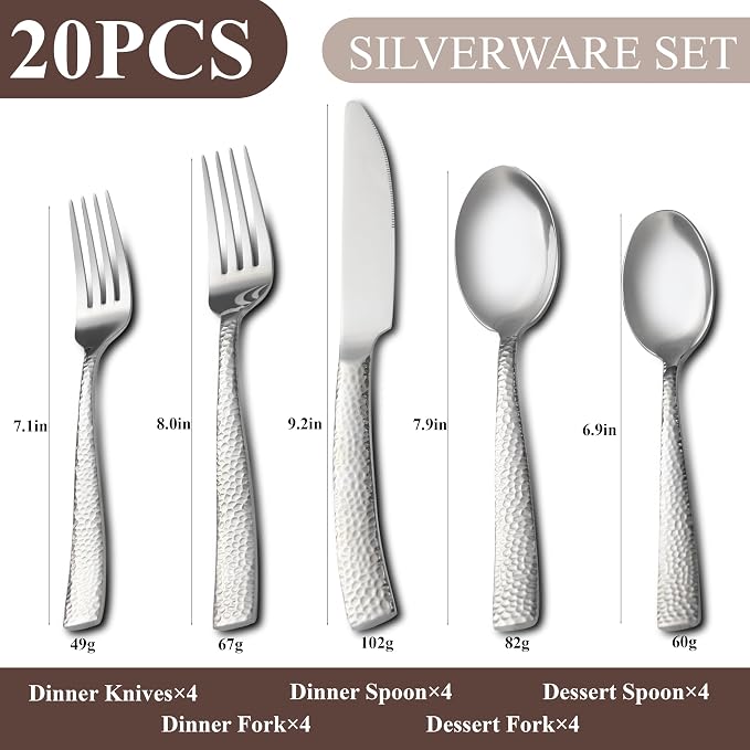 20 Piece Hammered Silverware Set, Food Grade Stainless Steel Flatware Set | Hammered Cutlery Set, Service for 4, Heavy Duty, Dishwasher Safe, Mirror Polished, Home, Party, Wedding