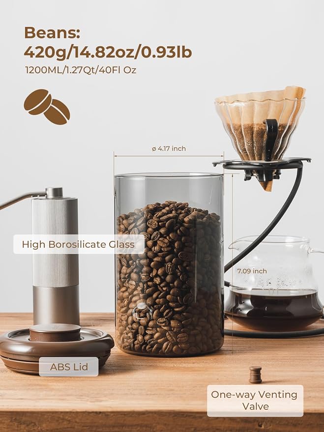 Airtight Coffee Canister, 13oz Brown Glass Jar with Pop-Top Lid | One-Way CO2 Valve Helps Store Ground Coffee, Whole Beans and Espresso in a Compact Jar for Home Coffee Bars and Daily Brewing